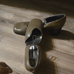 New York Transit Olive Patent Block Heel Pumps